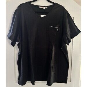 Quacker Factory V Neck Short Sleeve Black Top W/ Zip Rhinestone Accent Pocket 3X